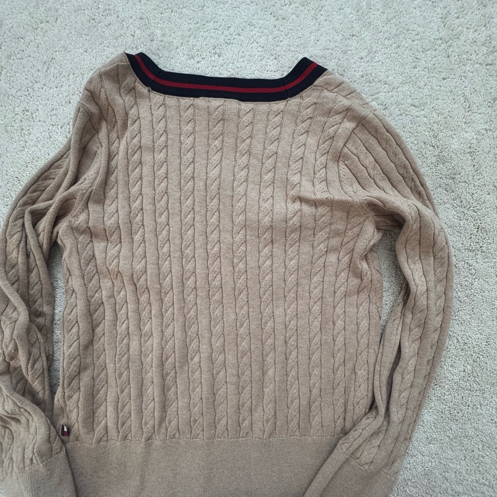 Tommy Hilfiger Tan V-Neck Cable Knit Sweater - Picture 6 of 7